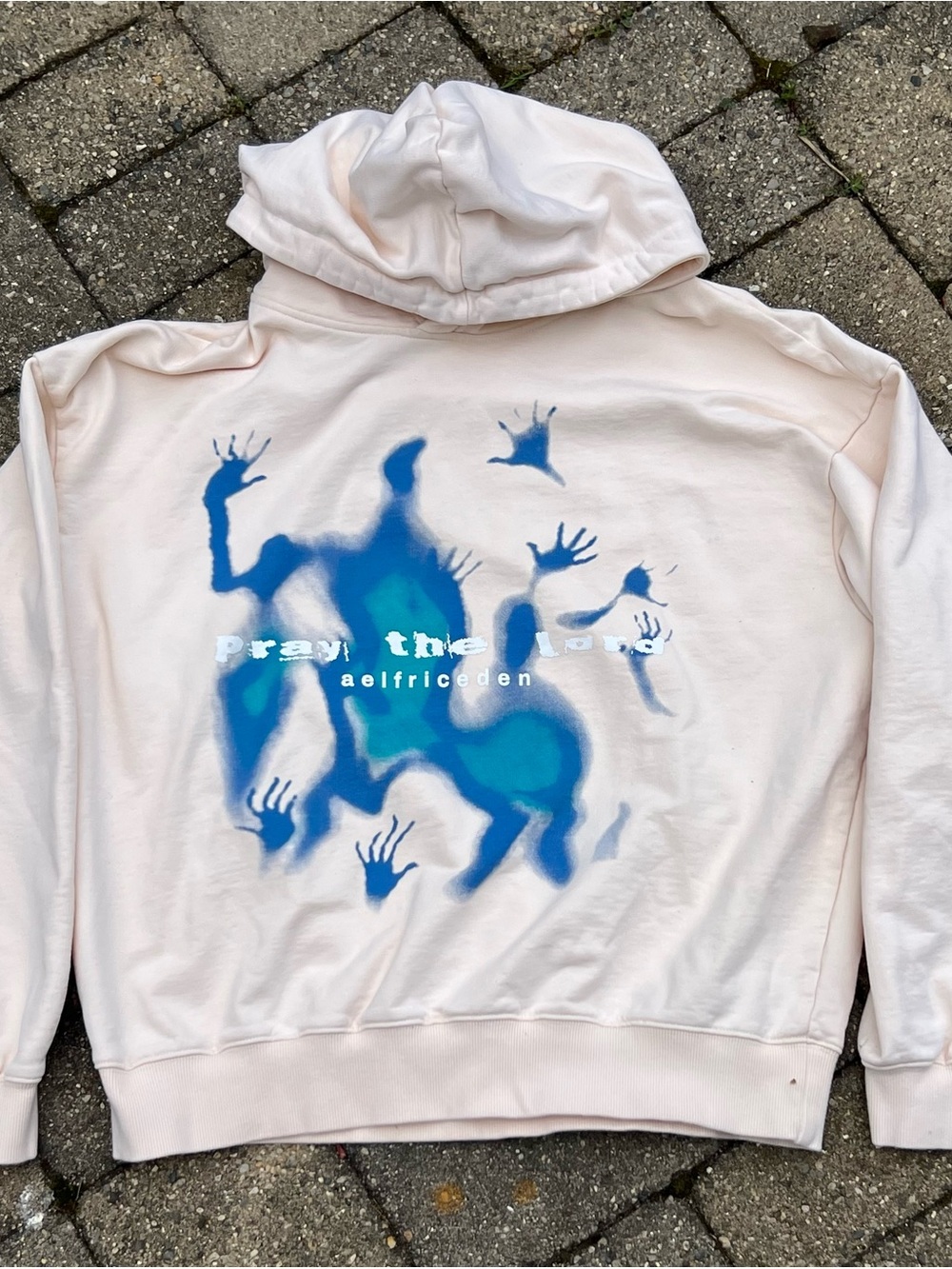 Elfric Eden Pray the Lord Cream and Blue Abstract Print Hoodie, Size Small Used